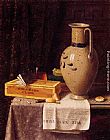 Pitcher Paintings - Cigar Box Pitcher and New York Herald by William Michael Harnett